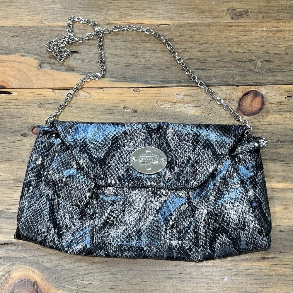 Nine West Snakeskin Print‎ Silver Chain Strap Clutch Bag Evening Purse